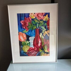 Vibrant Floral Original Watercolor Painting in Silver Frame